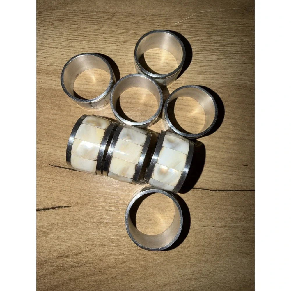 Mother of Pearl Abalone Shell Silver Tone Chrome Napkin Ring Set 6 Pcs Beachy